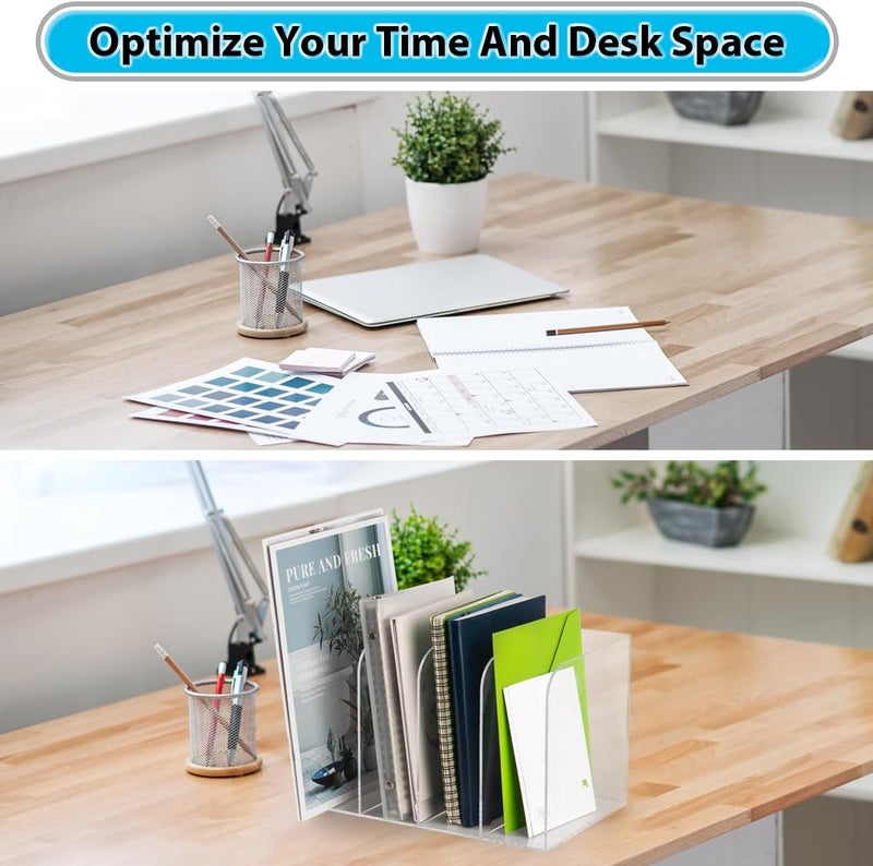 Jumyee Acrylic Magazine File Holder, Vertical Desk File Organizer Sorter with 4 Compartments, Clear Mail Organizer Office Organization Storage Binder Holder for Desk, Magazine, Books - Image 4